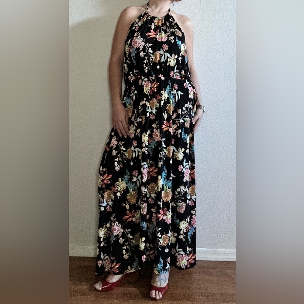 Lane Bryant Black Floral Halter Maxi Dress